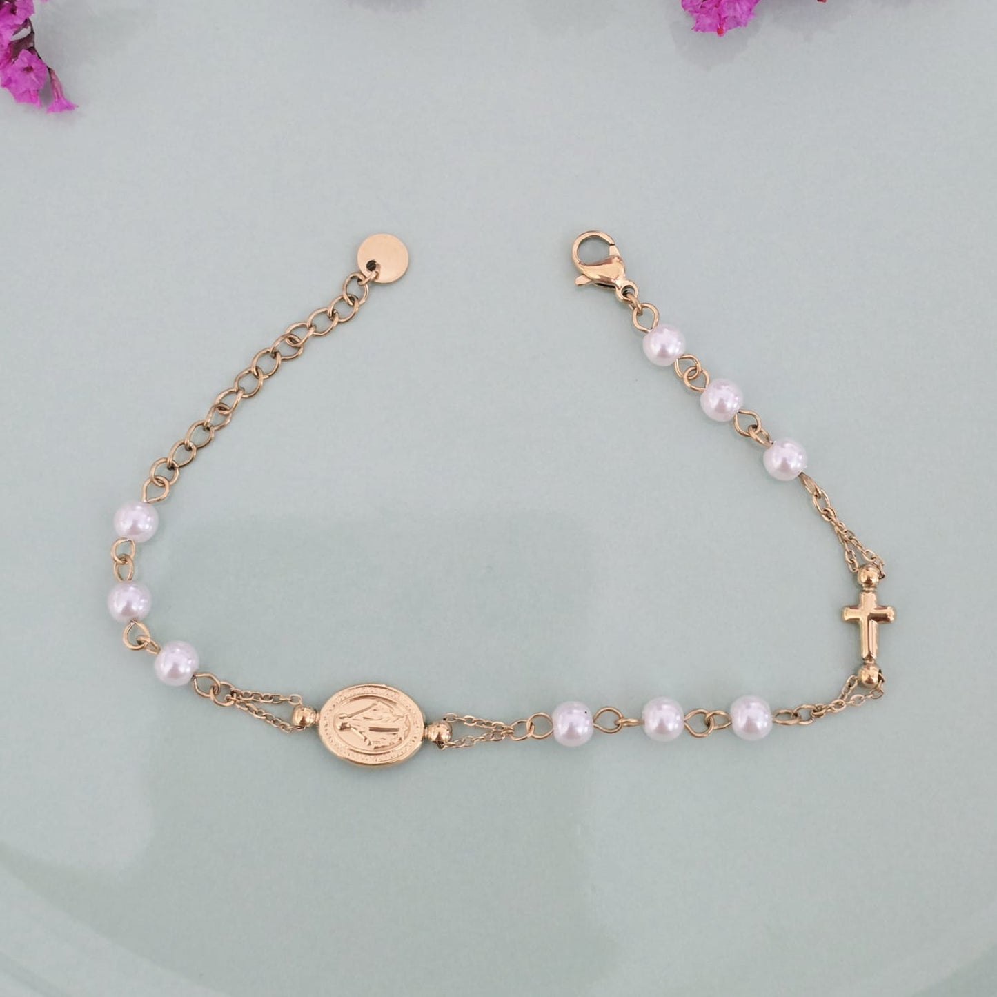 Pulsera Virgen y Perlas xp Acero Inoxidable