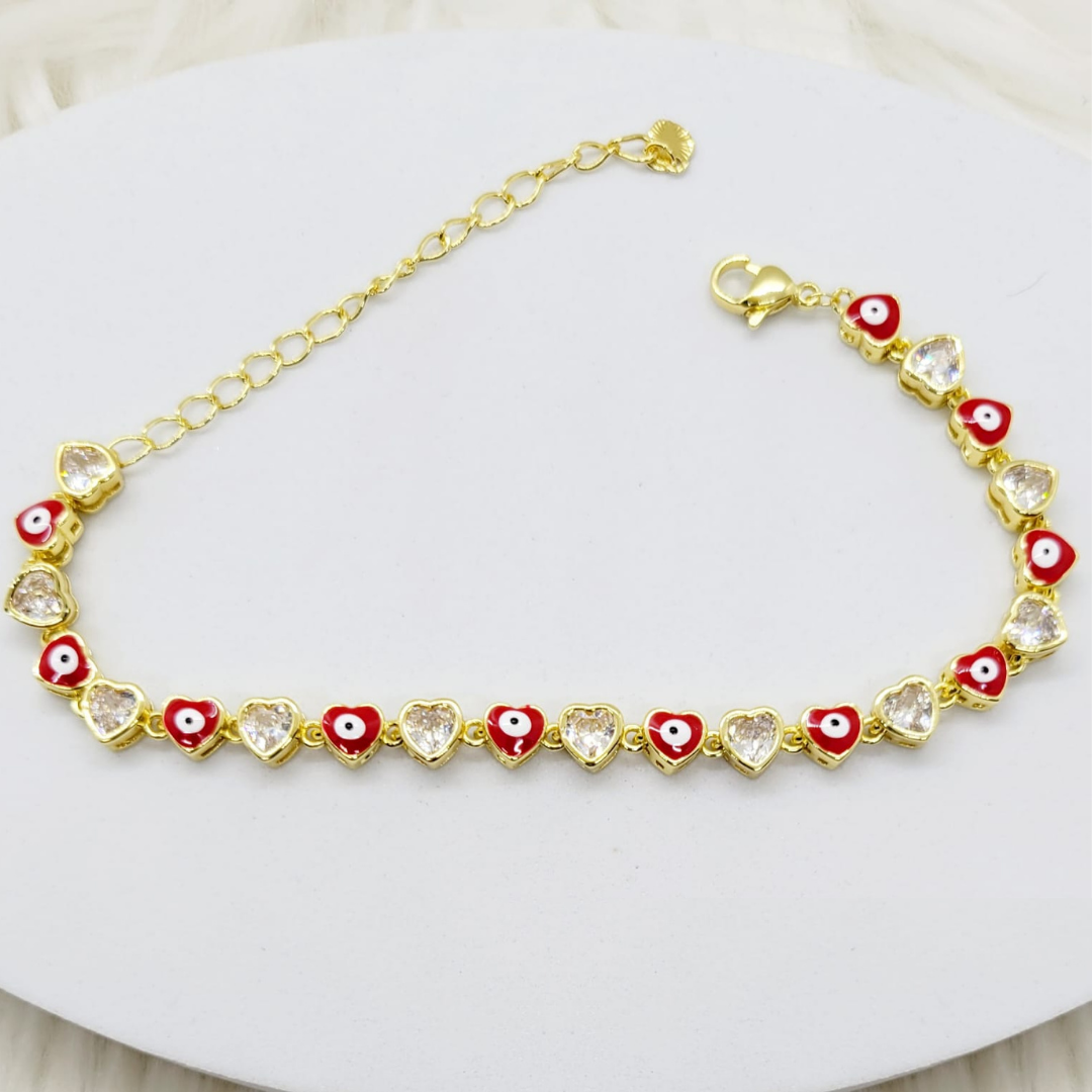 Pulsera Corazones Cristal Blanco con Ojitos