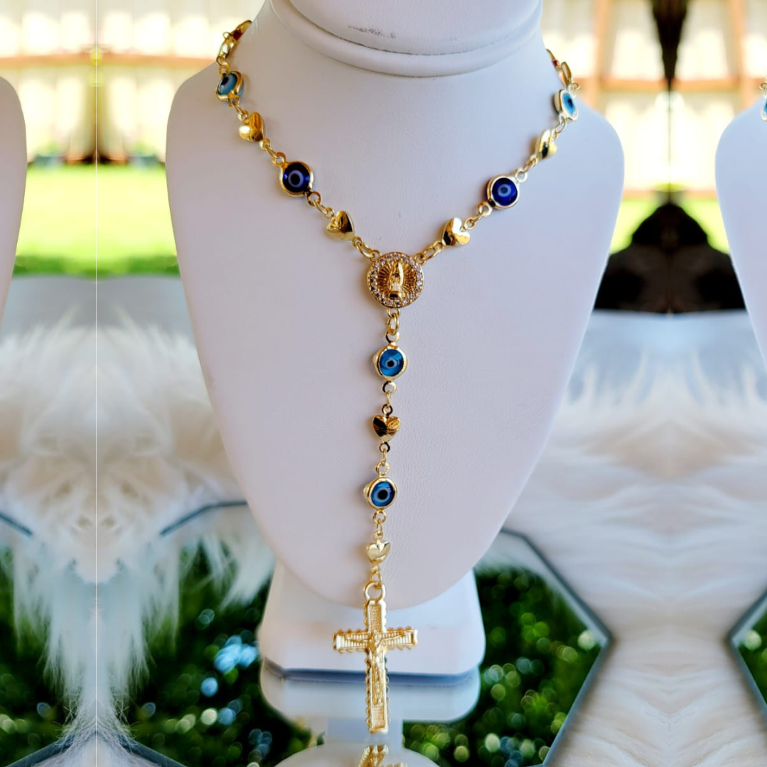 Rosario Virgen Dorada Corazones y Ojitos Azules