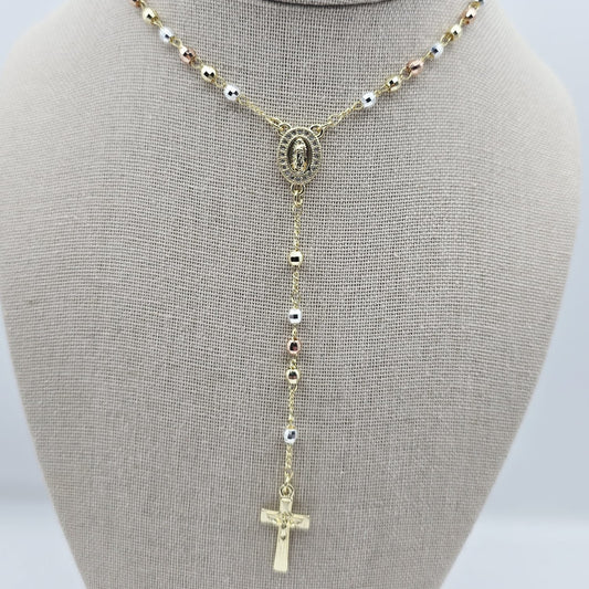 Rosario 3 Oros Virgen de Guadalupe 24" Piedra Ovalada con Zirconias
