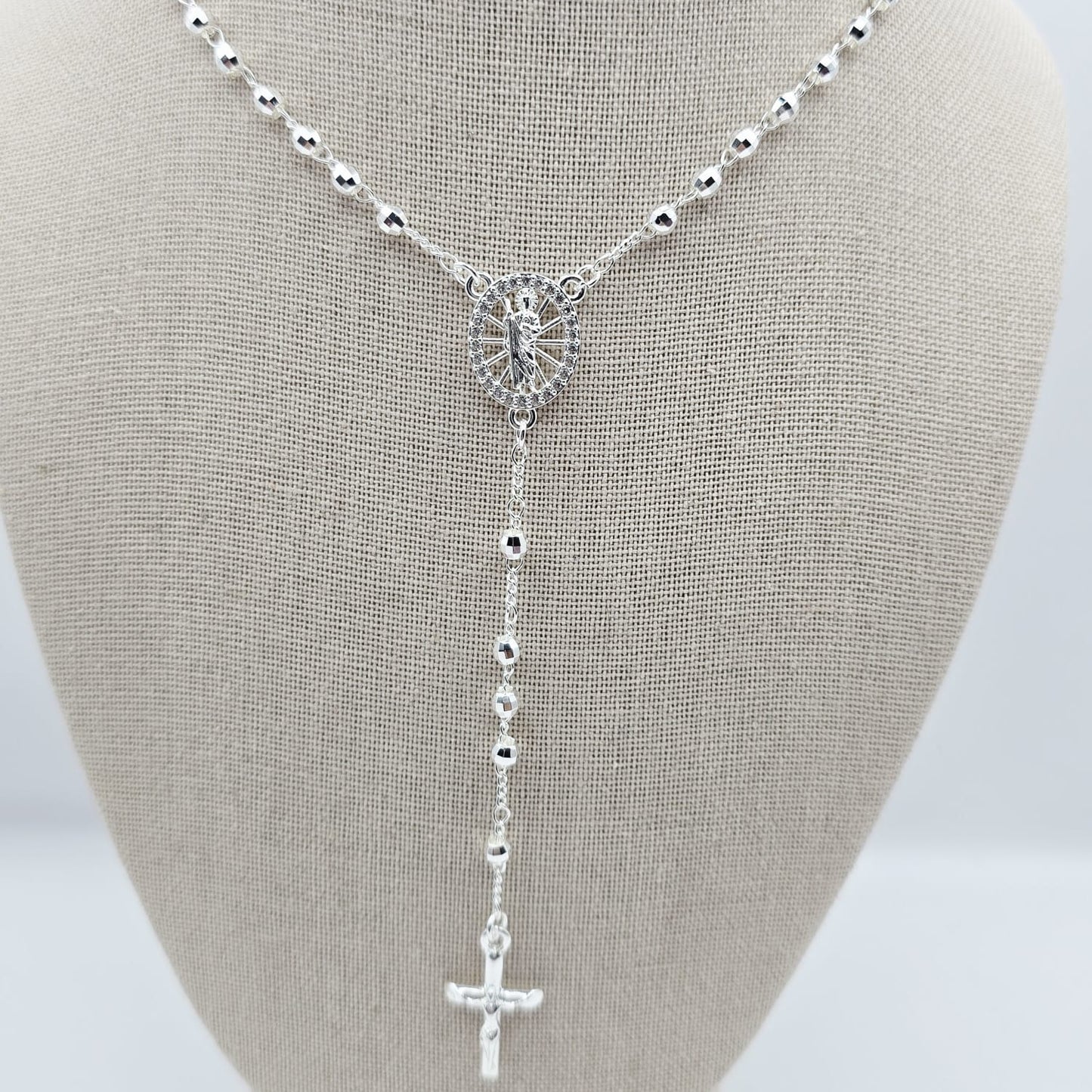 Rosario Plateado San Judas 24" Medalla con Zirconias