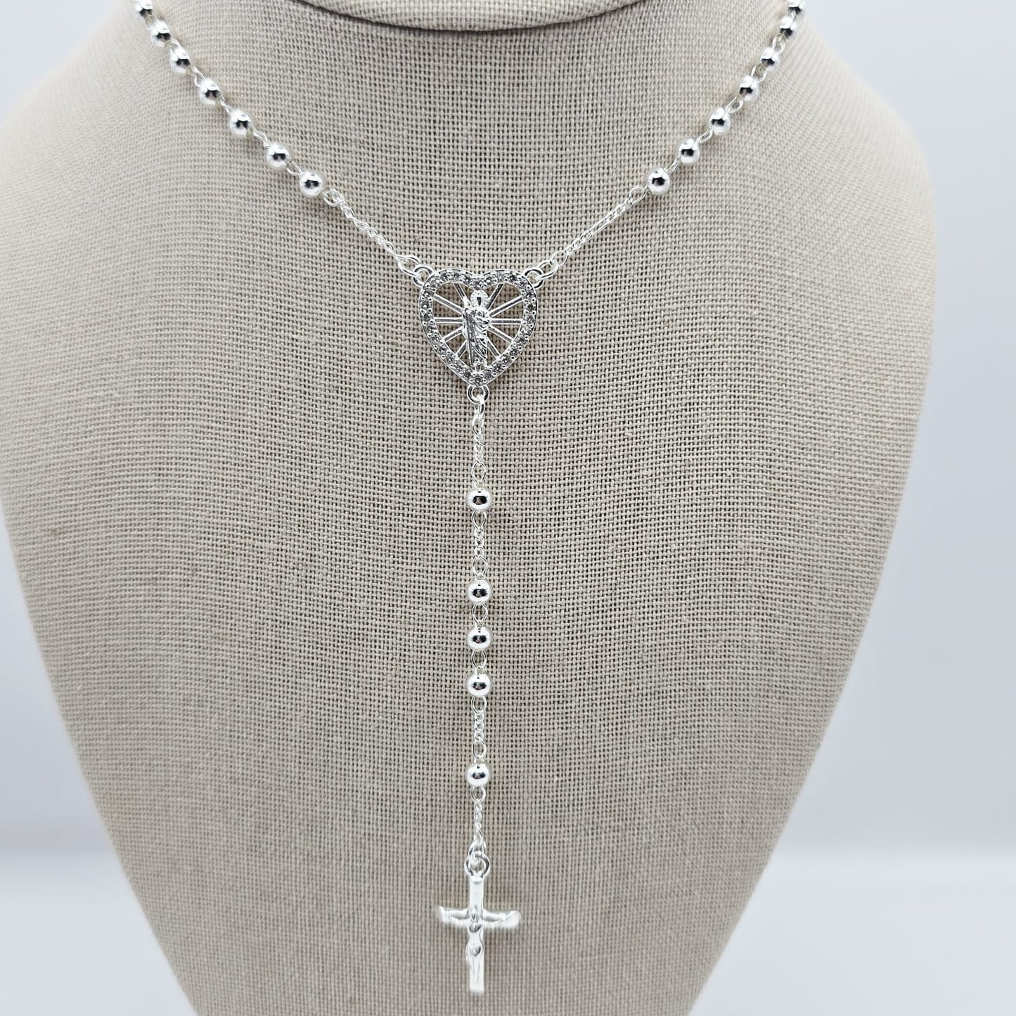 Rosario Corazón San Judas 24" Plateado, Piedra Lisa