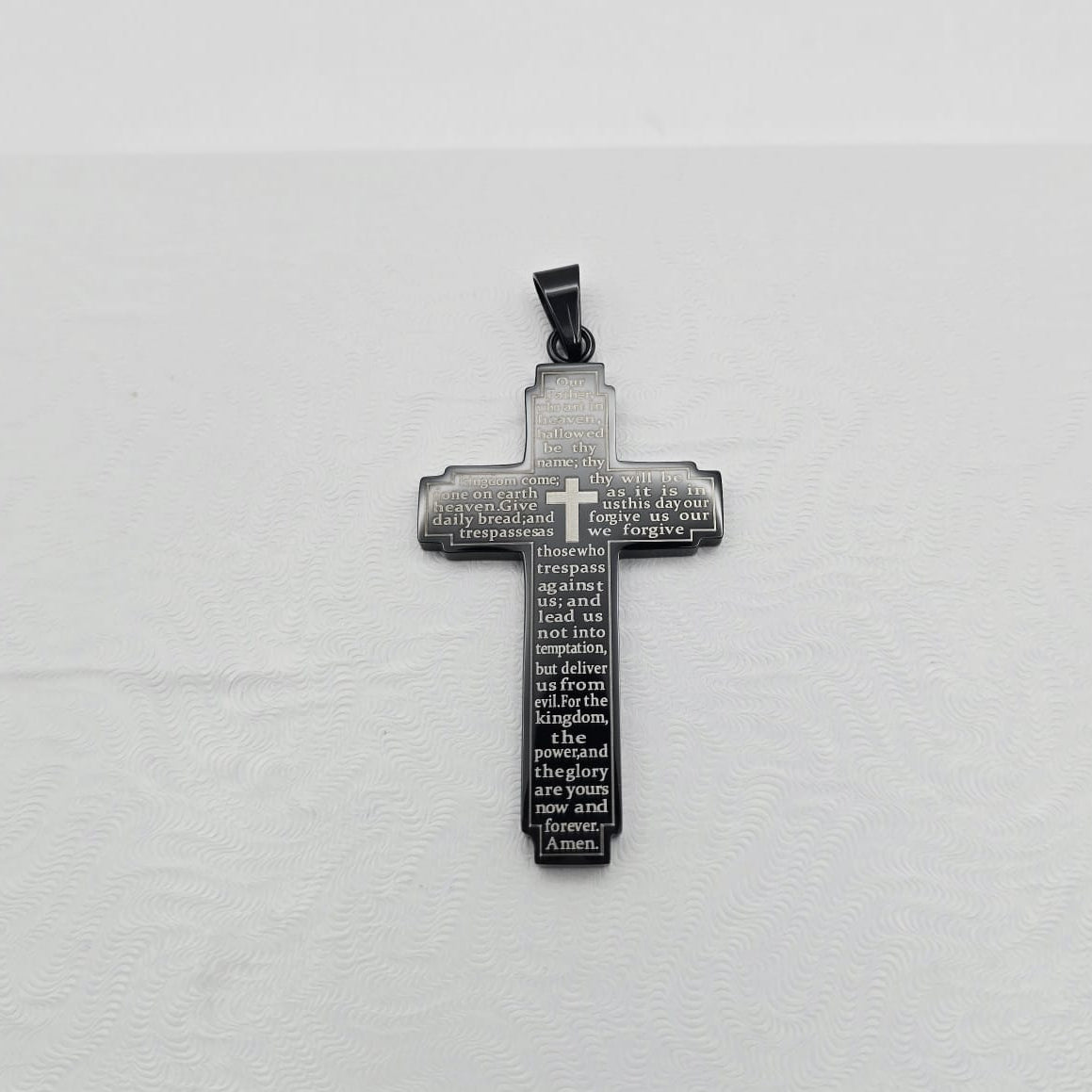 Cruz Padre Nuestro Color Oscuro, Acero Inoxidable
