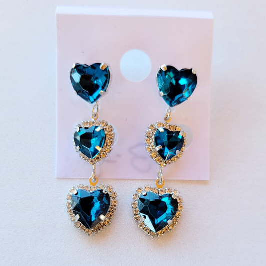 Aretes Largos 3 Corazones Azul