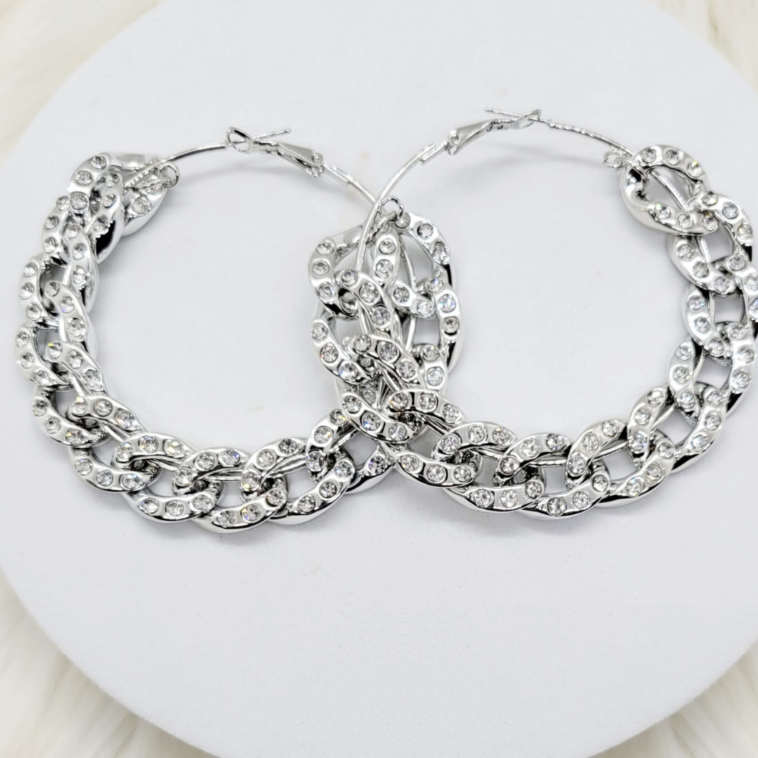 Silver Chain Hoop Earrings with Incrustations