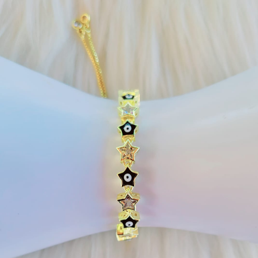 Pulsera Ajustable Estrellas con Cristales y Ojitos Negros