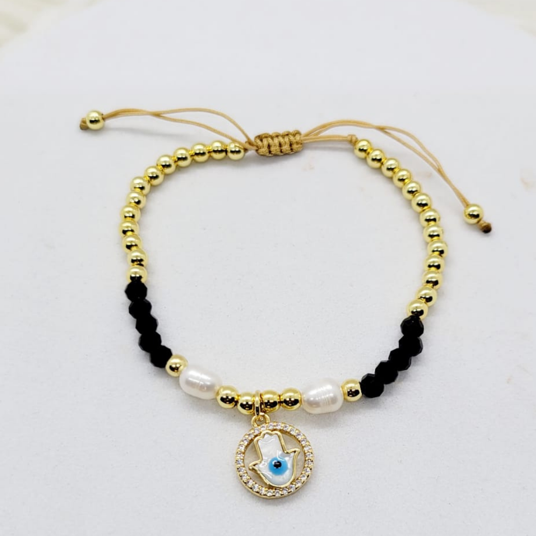 Pulsera Ajustable Mano de Fátima con Detalle Negro