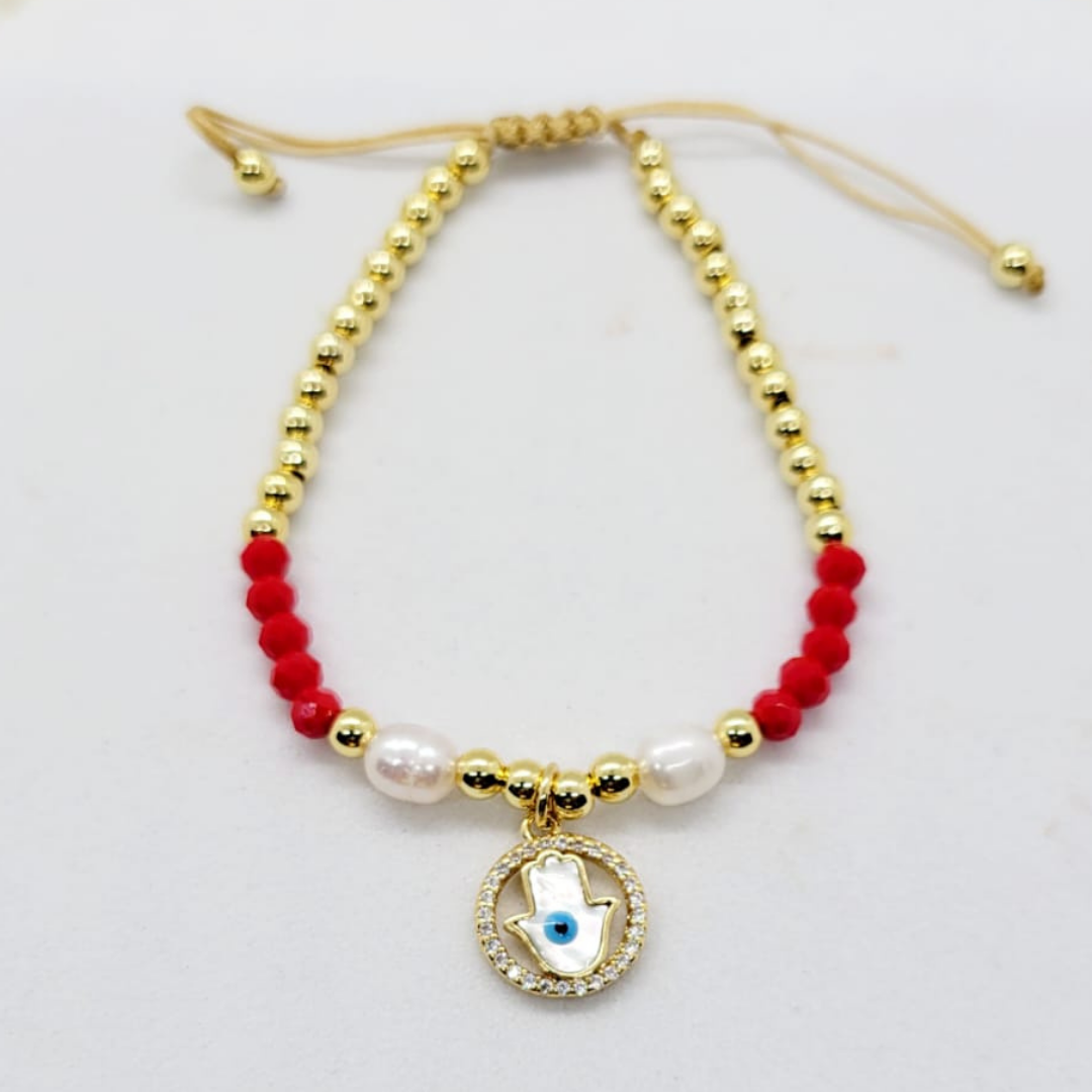 Pulsera Ajustable Mano de Fátima con Detalle Rojo