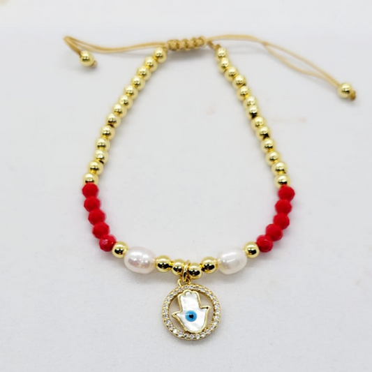 Pulsera Ajustable Mano de Fátima con Detalle Rojo